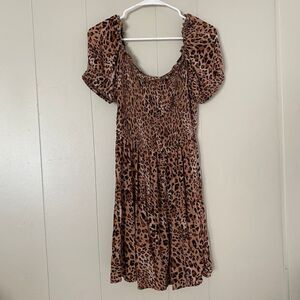 Express Leopard Print Dress Small Smocked Puff Sleeve Fit & Flare Brown Animal P